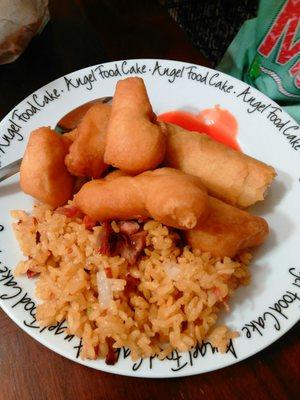 Sweet and sour chicken, pork fried rice and a spring roll...on a dessert plate. Don't judge.