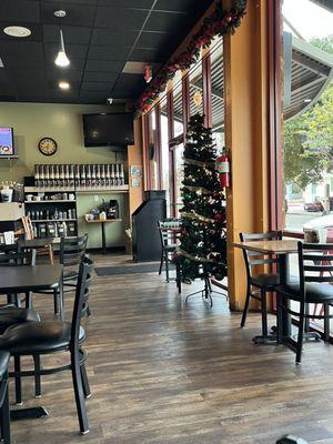 Holiday cheer greets patrons in this sunny space.