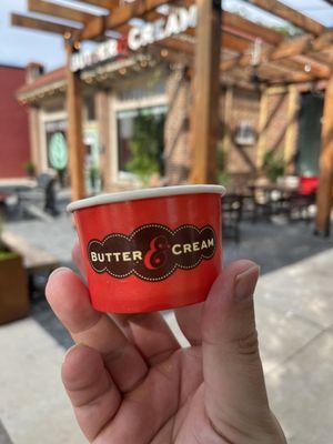 Single serve cup in front of outdoor patio.