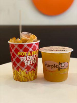 mango green tea; 100% sweetness, garlic fries (03/2022)