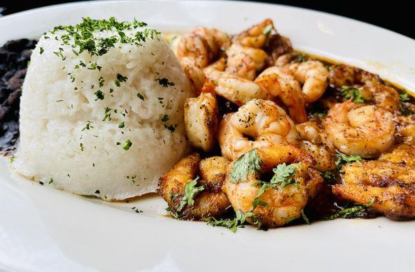 Jamaican shrimp with rice, beans and pineapple salsa ($29.95)