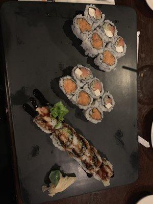 Philly Roll, Spicy Salmon, and Shrimp Tempura