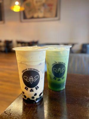 Peanut butter brulee milk tea and Thai green tea