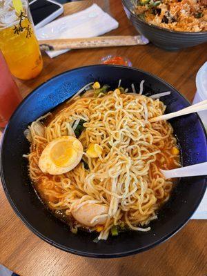 Tomato Ramen Noodle Soup with extra noodles and egg, removed tomato.