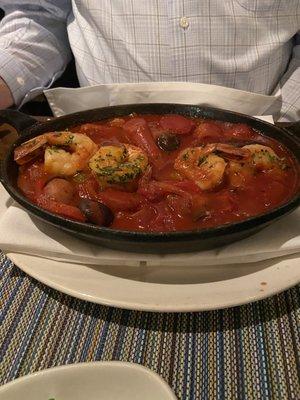 Shrimp dish. Insanely hot in the cast iron, but tasty (if you don't burn off your taste buds....)