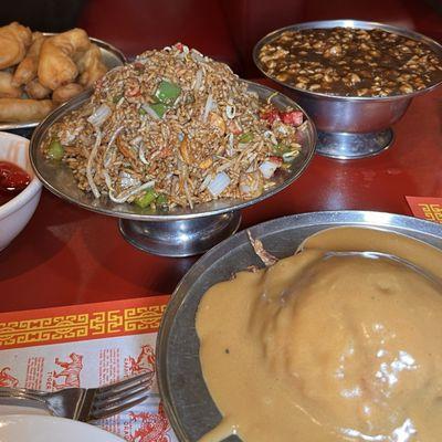 Subgum Pork Fried Rice, Pork Egg Foo Yong, Lobster Sauce, Chicken Fingers with Sweet and Sour sauce.