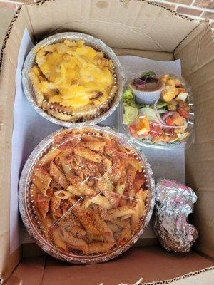 Cheese Fries, Penne Vodka Pasta, Side salad & Garlic Knots.