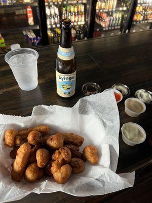 Order the appetizers combo with Ayinger Hefeweizen