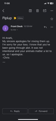 East Animal Hospital apology email