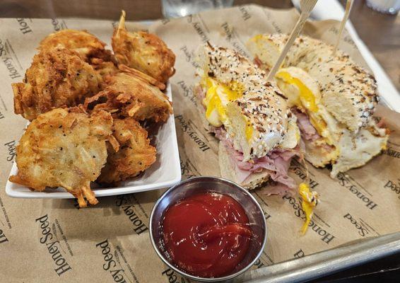 Ham egg and cheese everything bagel with side of tater tots