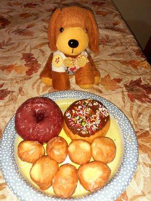 Red velvet, chocolate, and donut holes.