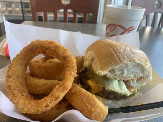 Cheeseburger combo with onion ring up-charge of $1.25 - $13.25ish total.