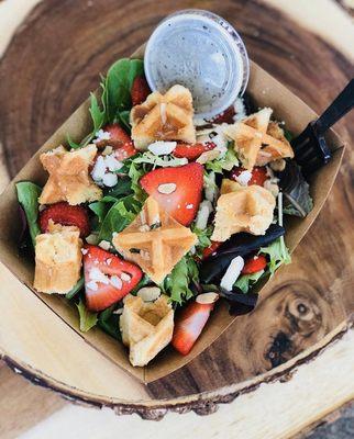 Summer Lovin' Salad with savory garlic waffle croutons at Waffle Love