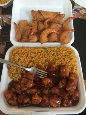 General Tso chicken dinner special and an order of shrimp. Was about 12$