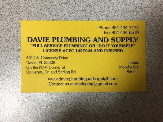 Give us a call at (954)434-7477 Or visit our website at www.davieplumbingandsupply.com