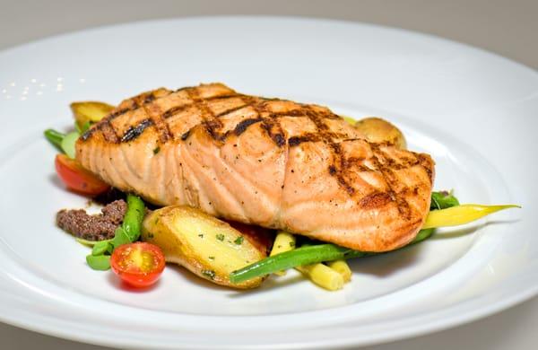 Pan Seared Salmon. Roasted fingerling potatoes, kalamata olives and golden beans.