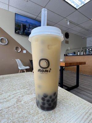 Jasmine milk tea with boba, 50% sugar, regular ice, and almond milk