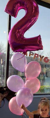 Beautiful Latex Balloons and Foil Balloon I purchased for my daughter's 2nd birthday party with free High-Float, photo credit her grandma!