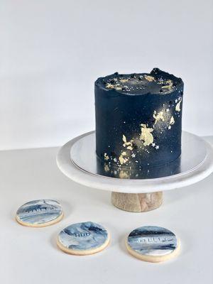 Galaxy Cake with accompanying custom sugar cookies