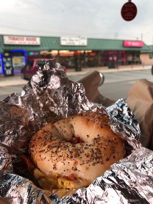 Bacon egg and cheese on an everything bagel