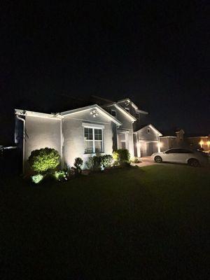 Uplighting installed in the front of the house and a well light on the ground in front of the garage