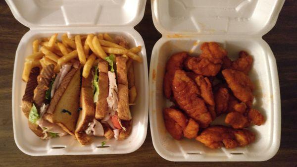 Turkey club with fries (Left), Chicken Tenders with Buffalo (Right)