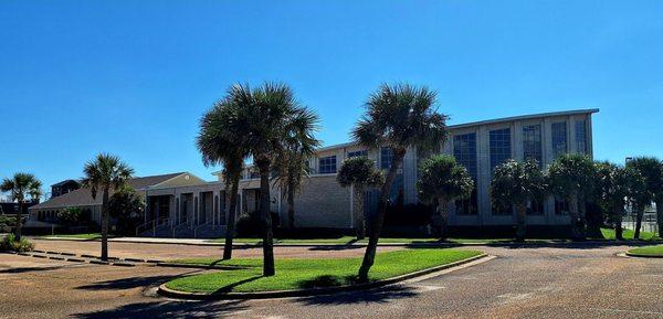 Here's a view showing parking among the palms, and these glassy and open modern churches "can" put me in a better mood (no review)