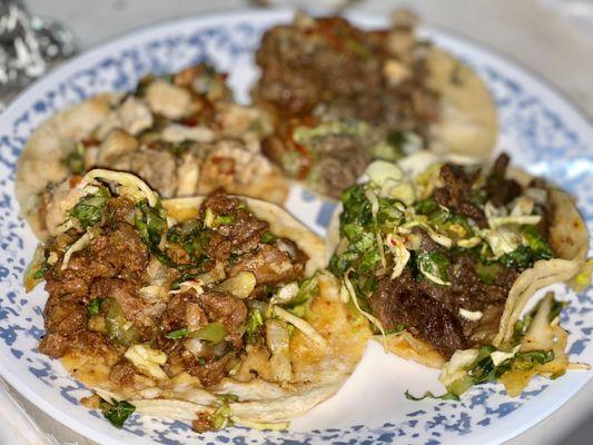 Spicy Pork Og Kogi Style Taco, Carne Asada Taqueria Style Taco, Pollo Asado Taqueria Style Taco & Short Rib Taco