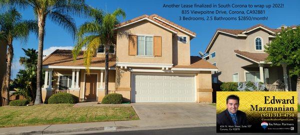 835 Viewpointe in Corona just leased for $2850/month!  CoronaRealtor@gmail.com 951-313-4750 Corona Real Estate #bestrealtor