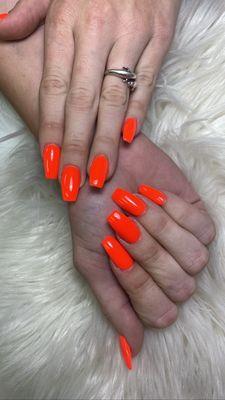 Red orange glow on the dark, coffin shaped, DIP nails by Amy.