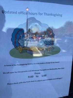 Business hours for the week of Thanksgiving