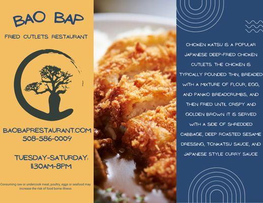 Bao Bap is specializes in serving katsu dishes, Japanese panko breaded and deep-fried chicken/pork/tofu cutlets served