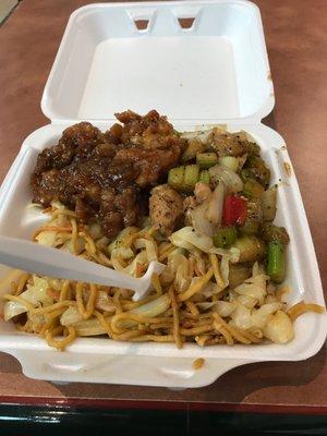 Orange chicken, black pepper chicken and noodles