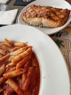 House marinara with ziti and salmon