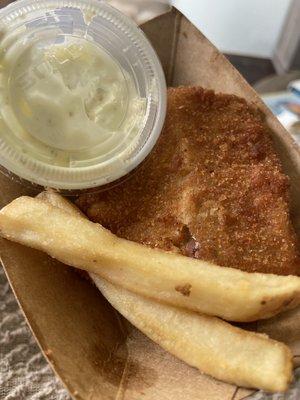 Cod fish and chips- with tartar sauce. My last pieces. Haha too good to take a pic of full order