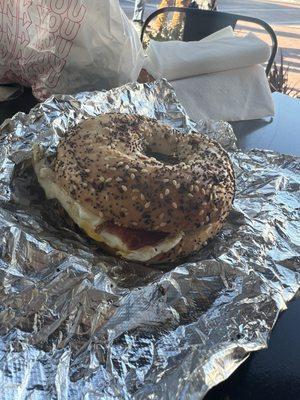 Bacon egg and cheese on an everything bagel.