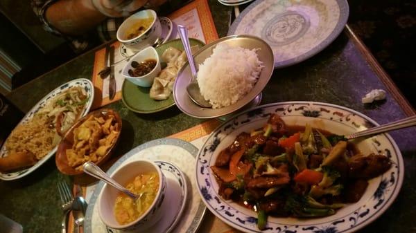 Pork chow mein, egg drop, pork fried dumplings, jasmine rice & beef and broccoli.