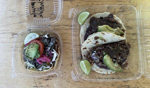 left: Panucho with Chimole de Pollo right bottom: Carne Asada Taco