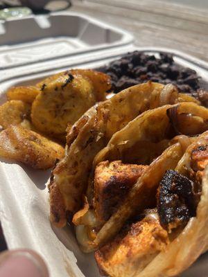 Quesadilla dinner with blackened whitefish. Sides: beans and fried plantain.