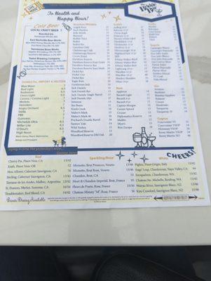 Drinks on back of menu