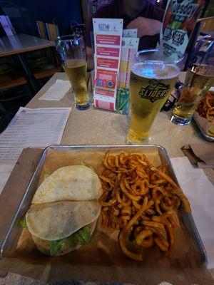 Beef quesadilla with curly fries