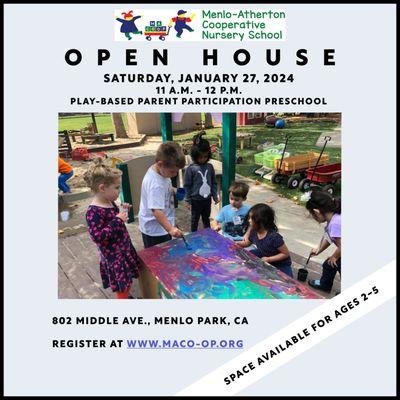 Join us for an Open House on January 27, 2024 and learn about our play-based preschool!