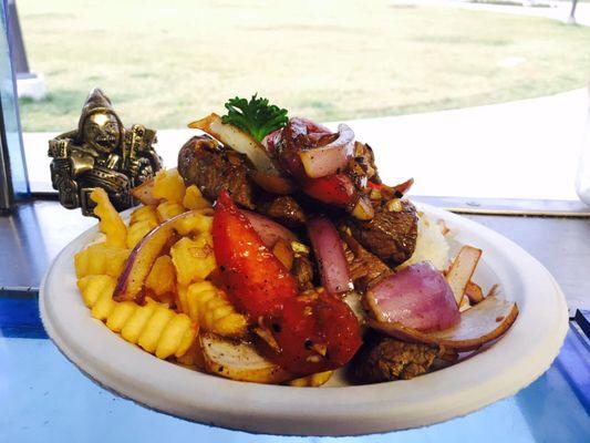 Flaming cow rice and french fries!