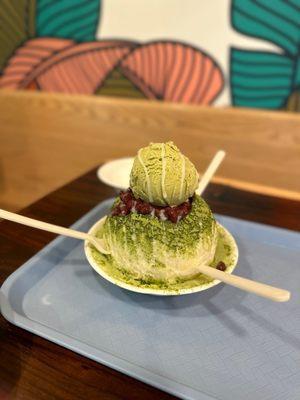 Matcha green tea with coconut shaved ice with red bean