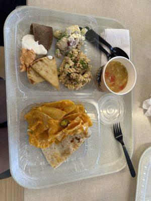 $17: chicken & rice soup, quesadilla, nachos, pita bread, roasted pepper hummus, tahini, gyro, potato salad, & tuna pasta salad