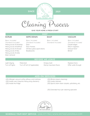 Anita's Cleaning Basic, Standard, and Deep Cleaning Process pg. 2 of 2