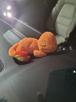 Charmander plush sleeping on my dash!