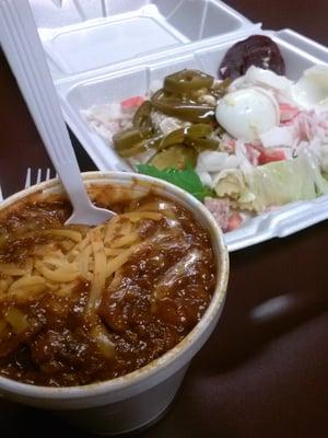 Chili and salad bar.