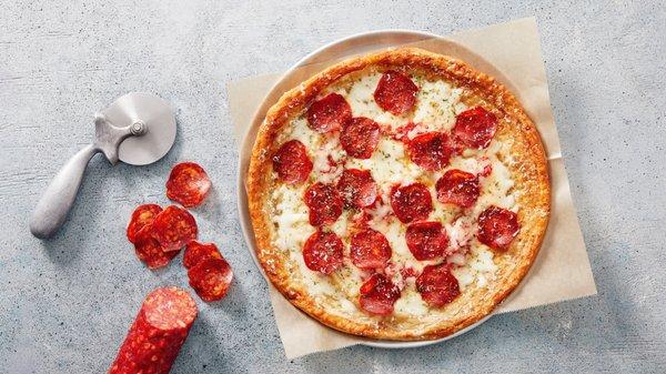 Classic Pepperoni: house-made tomato sauce, mozzarella, artisanal pepperoni, wild Italian oregano, grana padano cheese