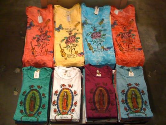 peace, love, music and virgen de guadalupe tees